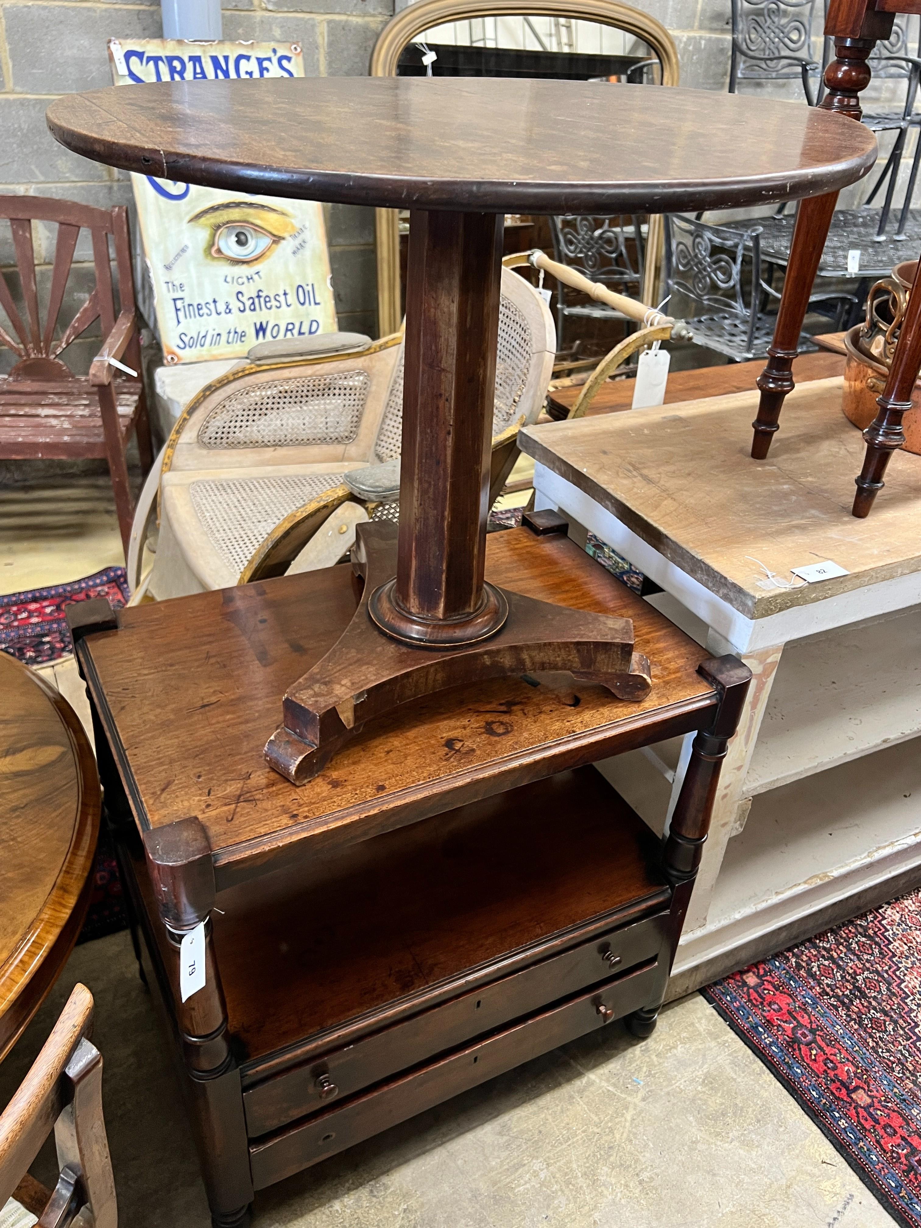 A Victorian mahogany two tier table (cut down buffet), width 76cm, depth 50cm, height 77cm together with a mid Victorian oval mahogany tea table